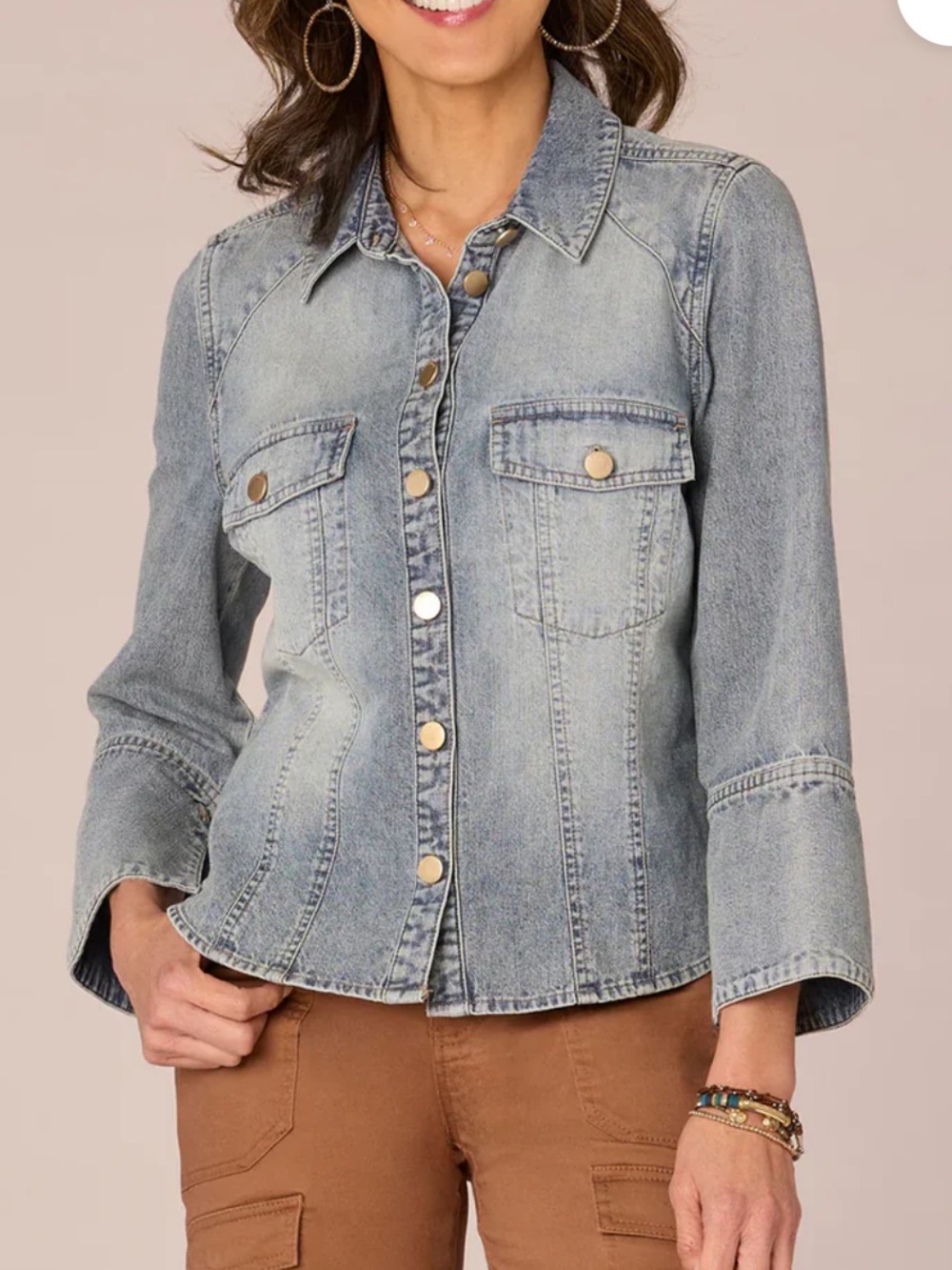 Democracy Light Blue 3/4 French Cuff Sleeve Denim Button Down Shirt Sz XL